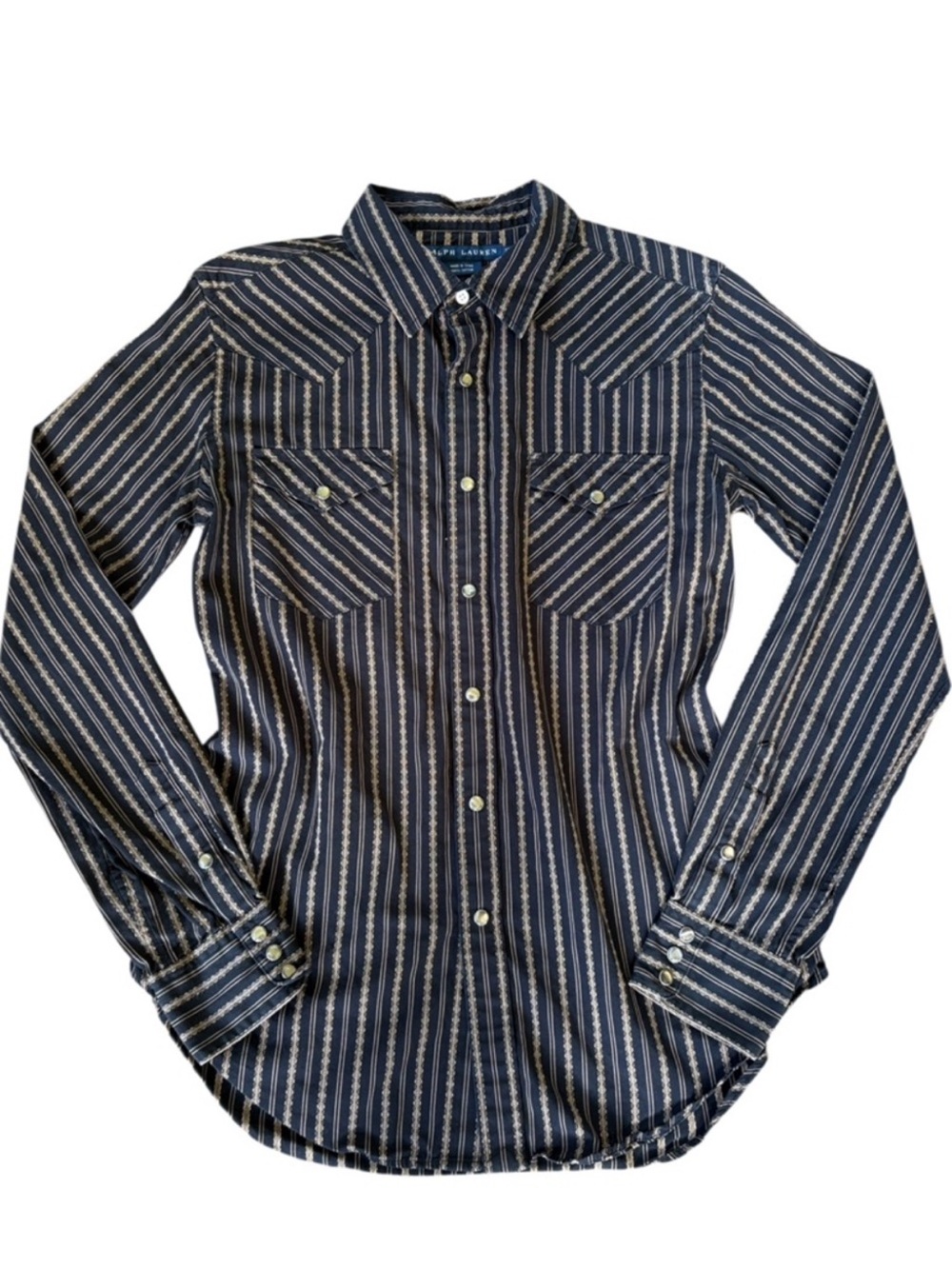 EUC Ralph Lauren Blue Label Western Pearl Snap Front Shirt Black Tan Medium